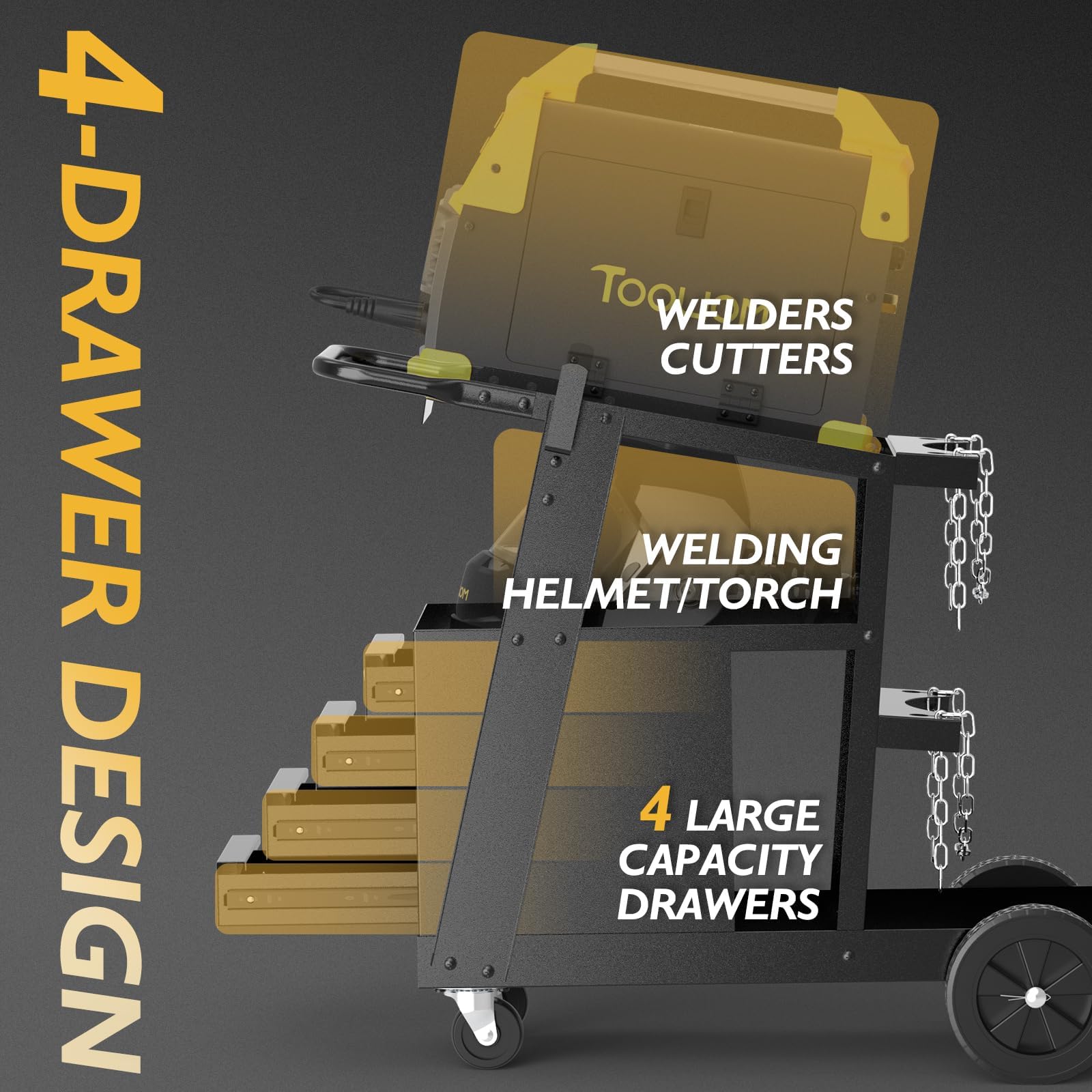 TOOLIOM welding cart 360 swivel wheels allow smooth shop movement.