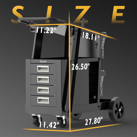 TOOLIOM welding cart tilted top enables easy access to machine controls.