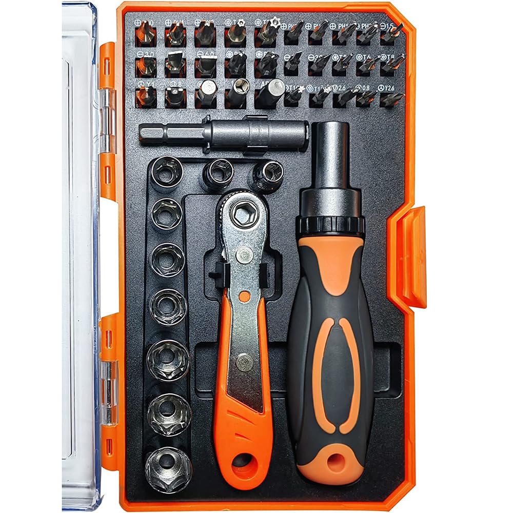 Toolmak ratcheting screwdriver set neatly in case for organized home repairs.