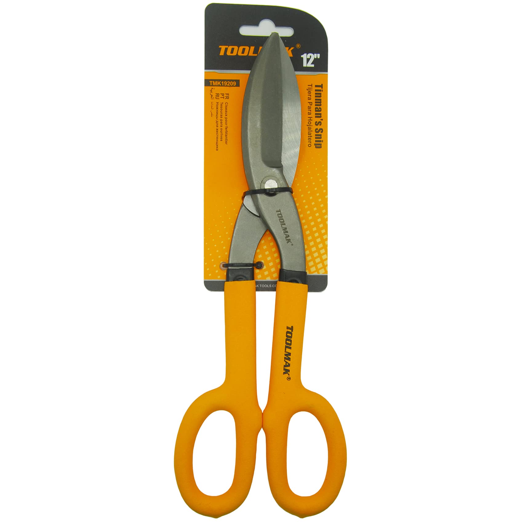 Toolmak Tin Snips in action performing a straight cut on metal sheet.