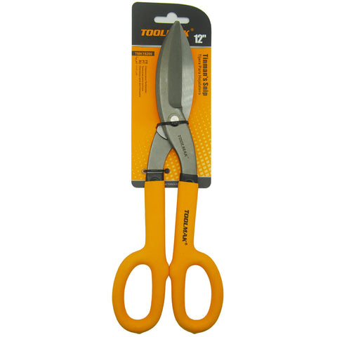 Toolmak Tin Snips in action performing a straight cut on metal sheet.