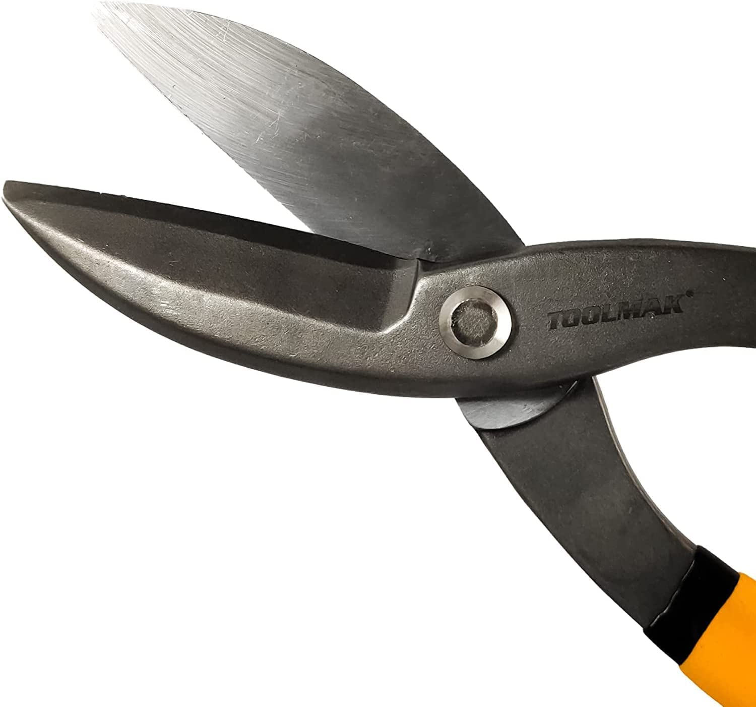 Toolmak Tin Snips orange handle with rubber grip for control and comfort.