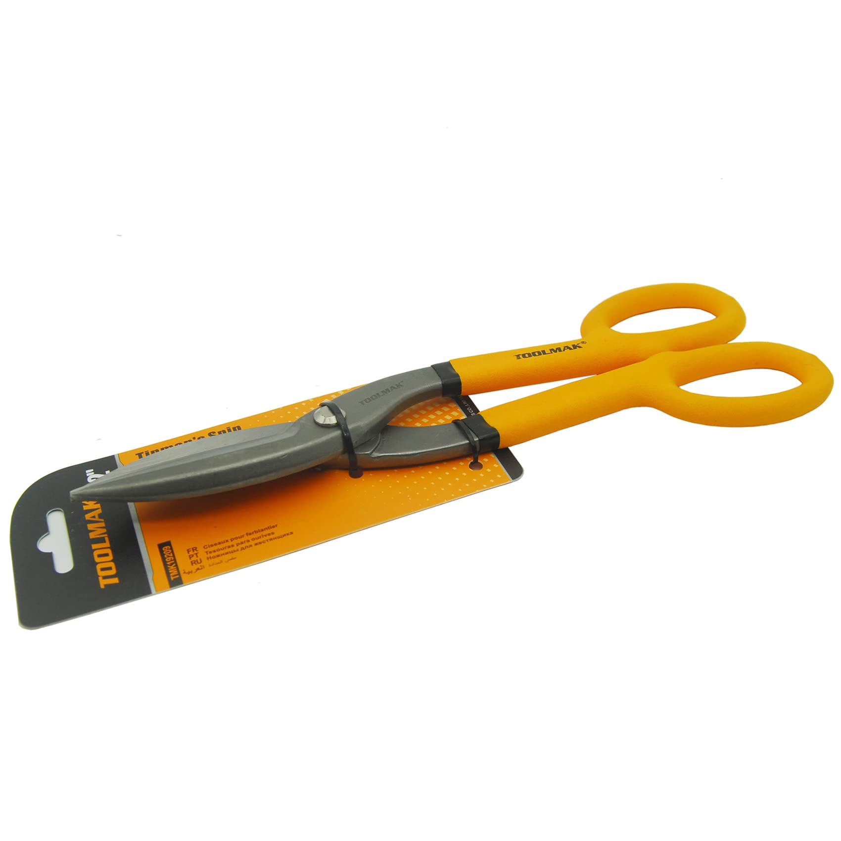 Toolmak Tin Snips cutting plastic sheet for versatile DIY tasks.