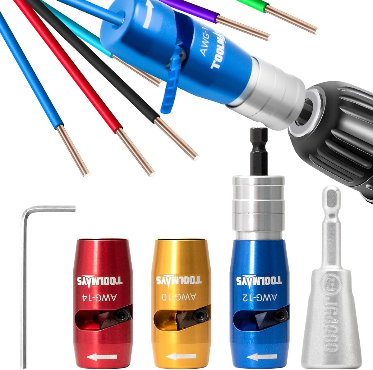 TOOLMAYS wire stripper and twister with drill action offers fast, clean wire prep.