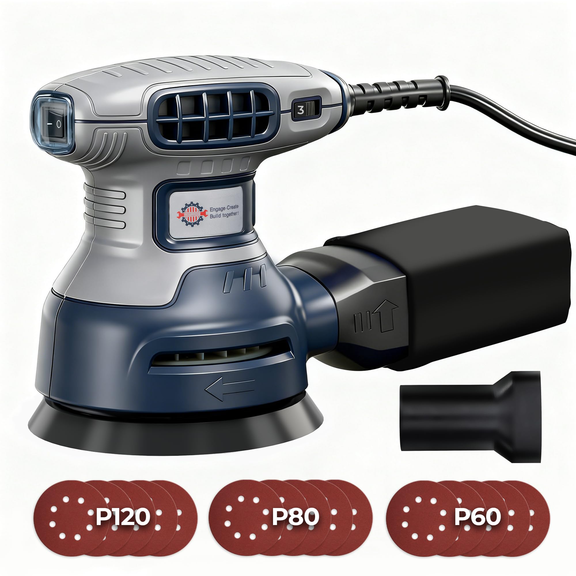 Toolok 5-inch random orbital sander front view with dust bag for cleaner work.