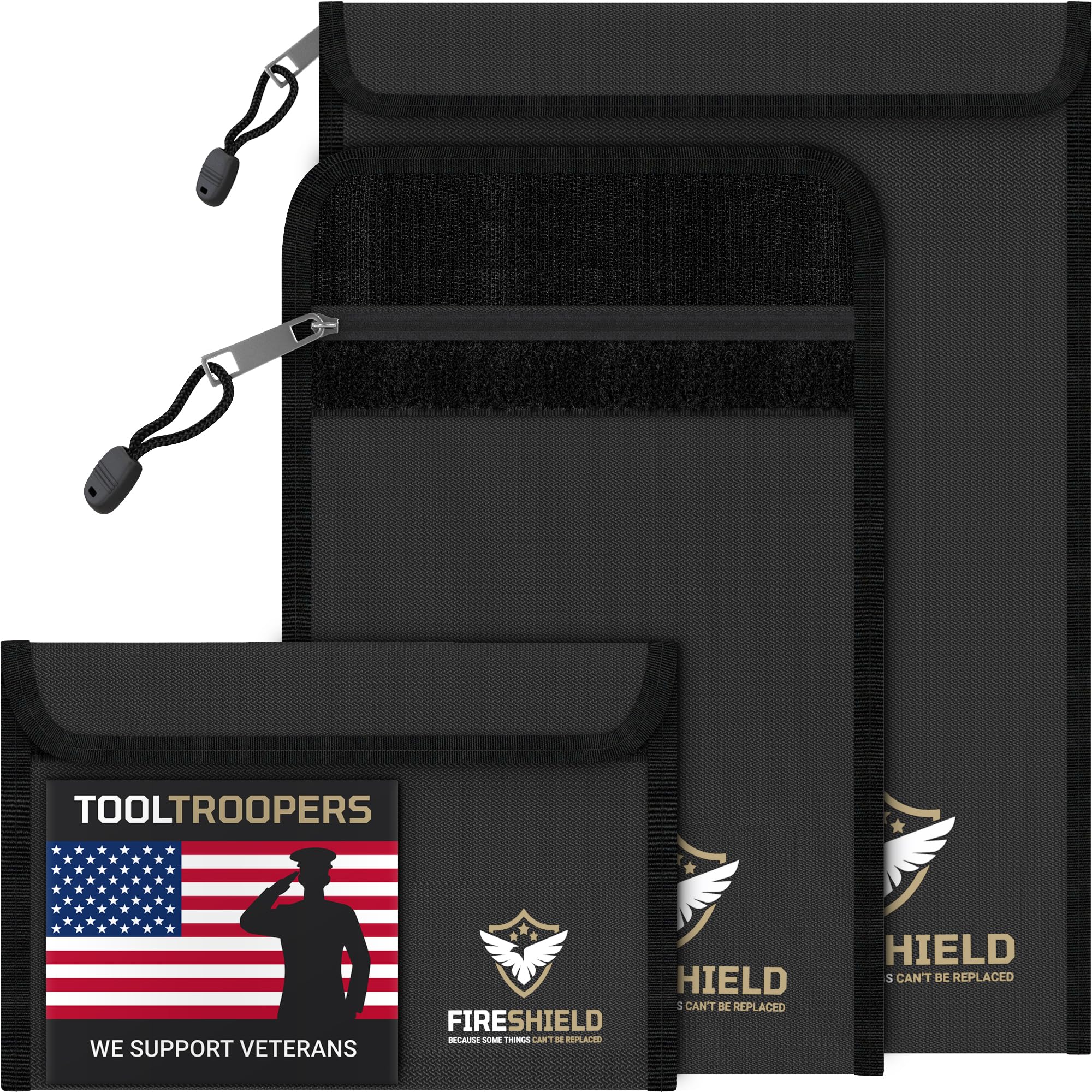 TOOLTROOPERS FIRESHIELD PRO front view shows three-pack fireproof bags for organized protection.