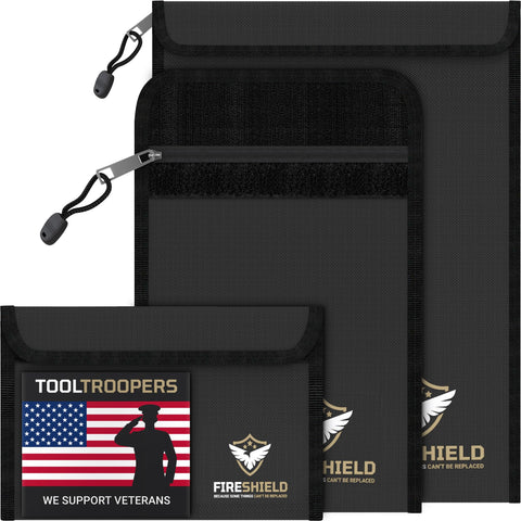 TOOLTROOPERS FIRESHIELD PRO front view shows three-pack fireproof bags for organized protection.
