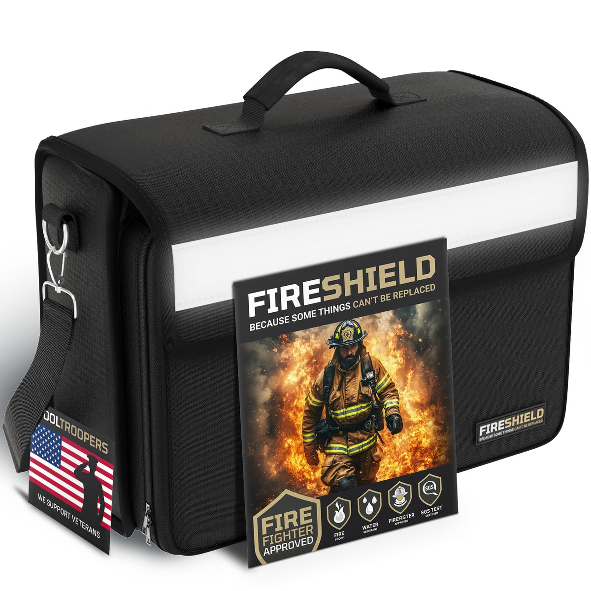 TOOLTROOPERS FIRESHIELD PRO fireproof bag open showing organized interior for documents and devices