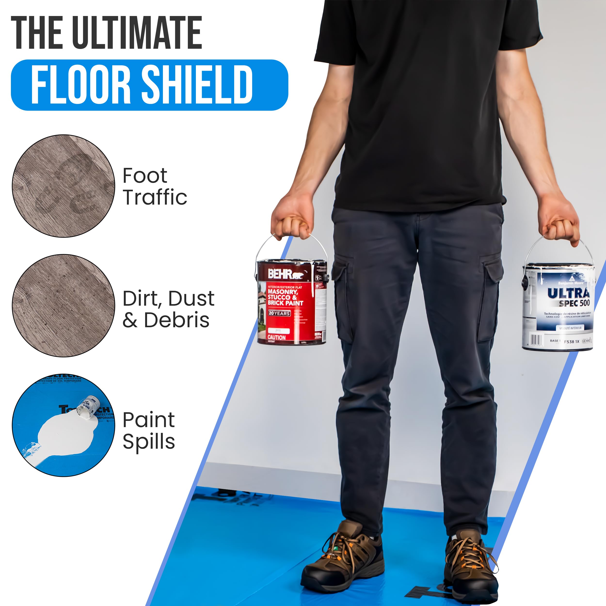 Toolway floor protector with water-resistant shield guarding floors from spills.