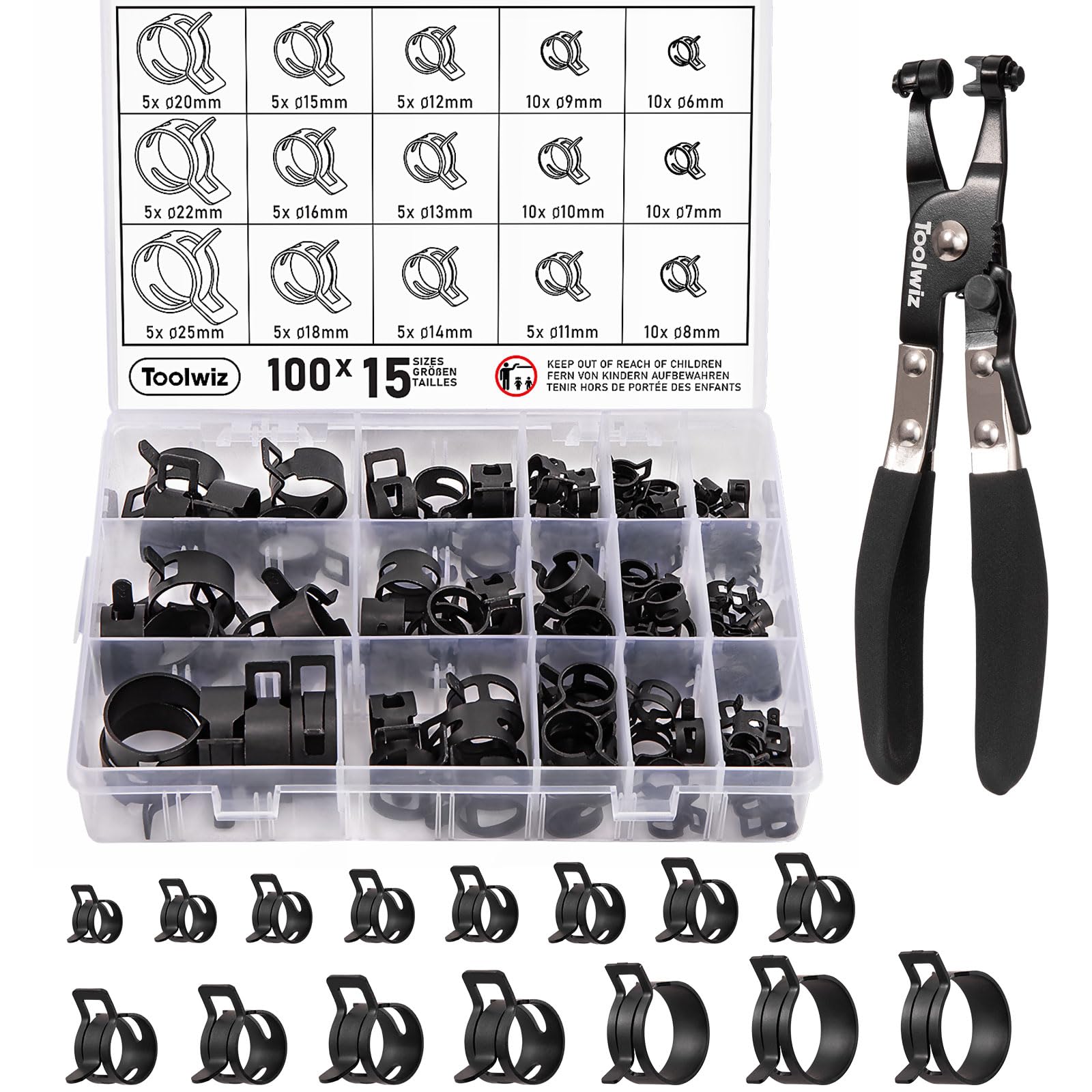 Toolwiz 100pcs spring-band hose clamp set with storage box for easy access.