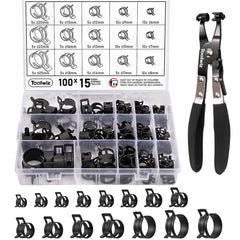 Toolwiz 100pcs spring-band hose clamp set with storage box for easy access.