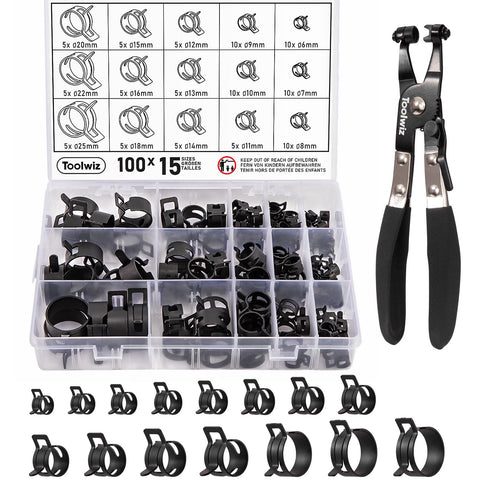 Toolwiz 100pcs spring-band hose clamp set with storage box for easy access.