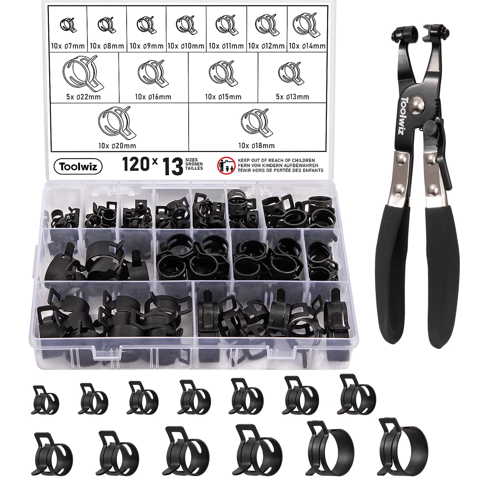 Toolwiz 120Pcs spring band hose clamps organized in a sturdy storage box for easy access