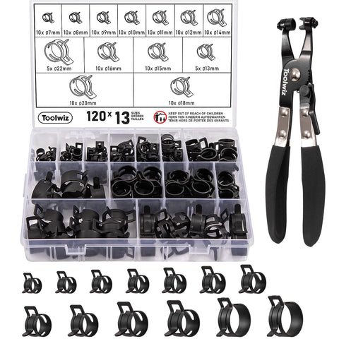 Toolwiz 120Pcs spring band hose clamps organized in a sturdy storage box for easy access