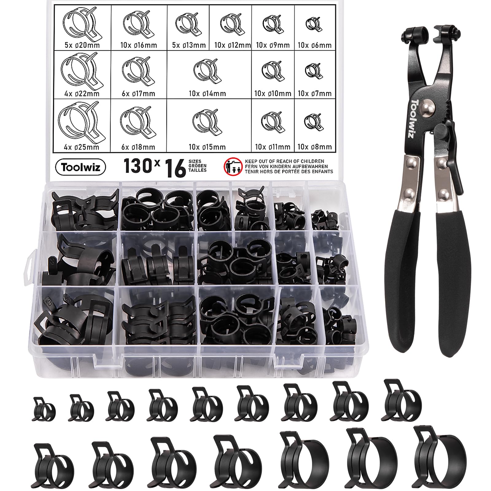 Toolwiz 130pc spring band hose clamps neatly organized for fast selection.