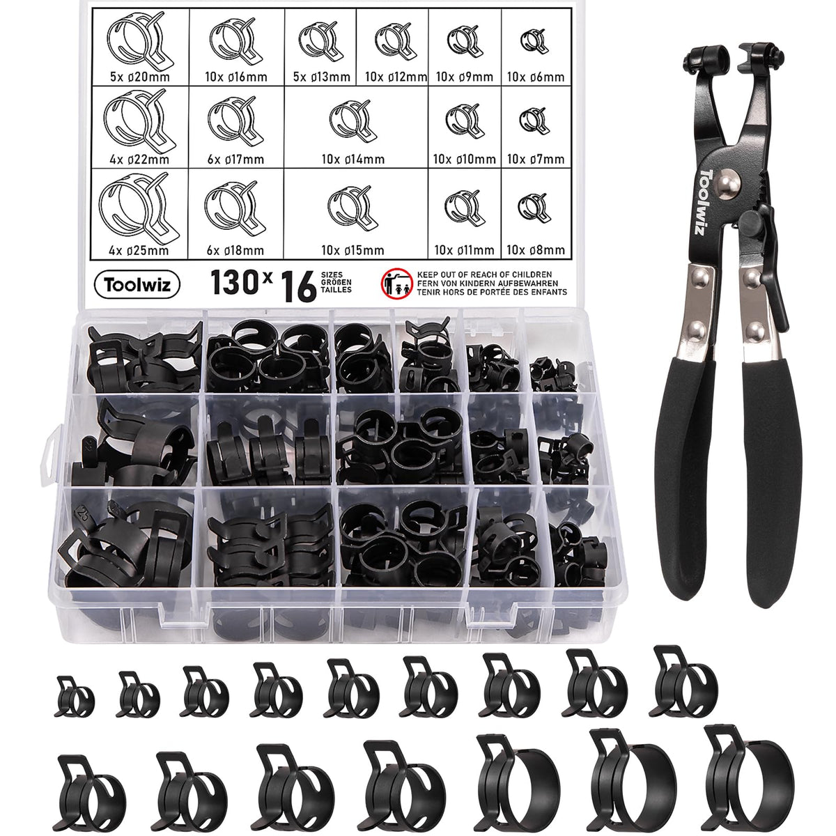 Toolwiz 130pc spring band hose clamps neatly organized for fast selection.