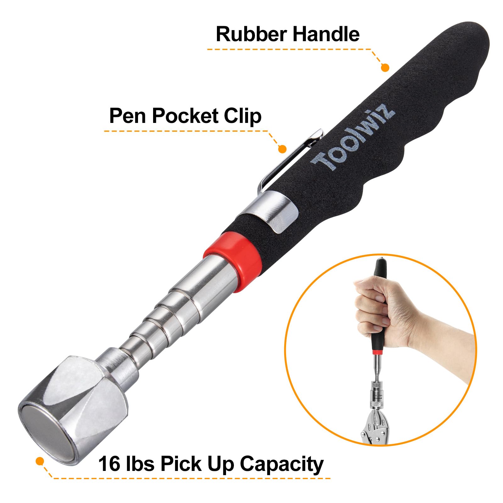 Toolwiz 16 lb magnetic pickup tool extends reach for hard-to-reach metal items.