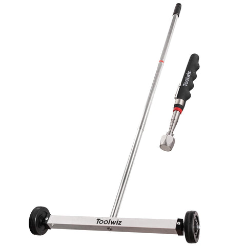 Toolwiz 17-inch rolling magnetic sweeper efficiently picks up metal debris on workshop floors.