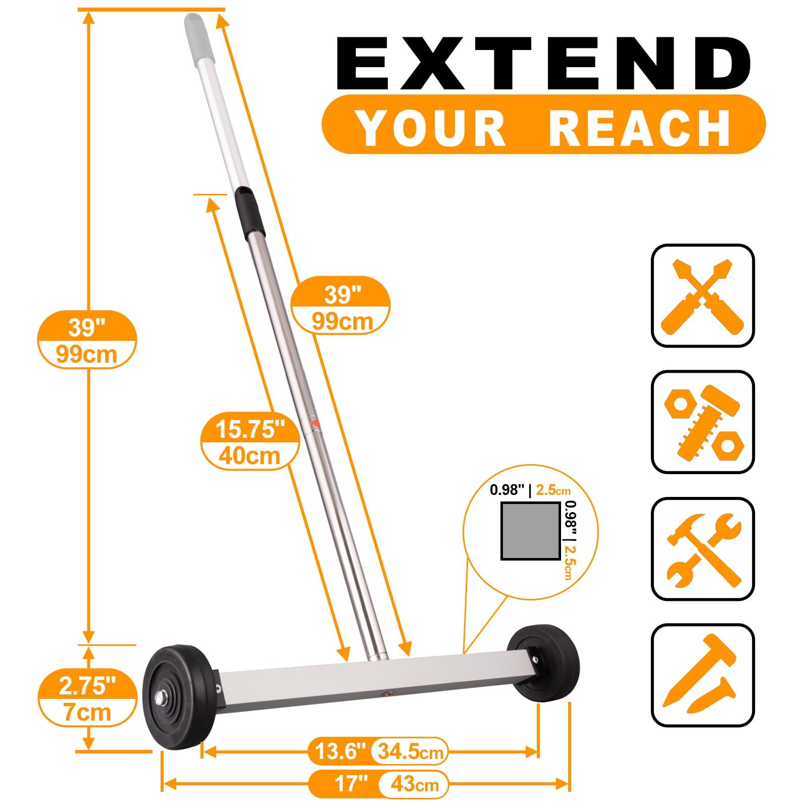 Toolwiz adjustable handle enables comfortable cleaning without bending.