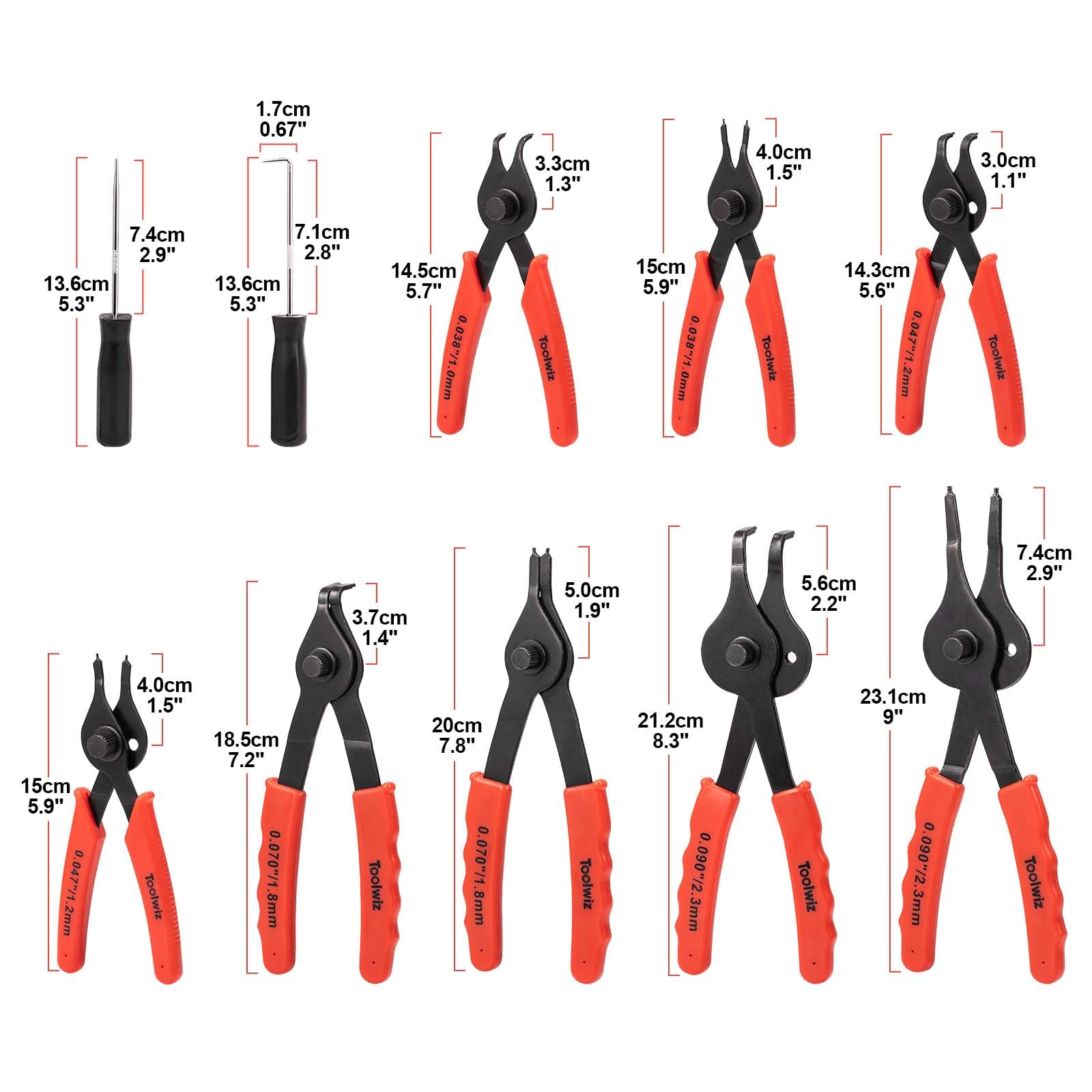 Toolwiz bent snap ring pliers, 7-1-2-inch with 0-07-inch tip for access around obstacles.