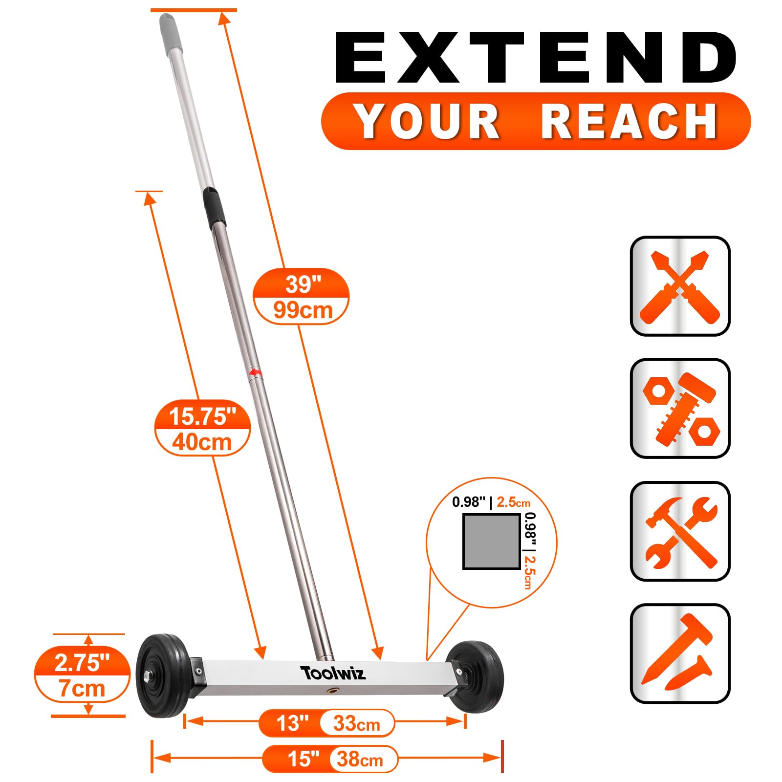 Toolwiz magnetic sweeper supports up to 10 lb of metal debris.