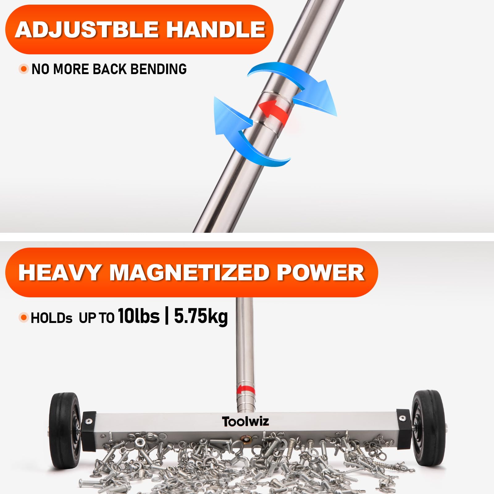 Toolwiz magnetic sweeper 15-inch head covers large area for quick tidying.