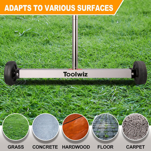Toolwiz magnetic sweeper with 3-inch wheels glides across carpet and concrete.