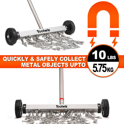 Toolwiz magnetic sweeper adjustable handle reduces back strain during cleanup.