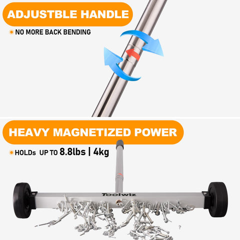 Toolwiz magnetic sweeper shown in a workshop for garage cleanup