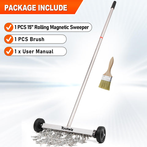 Toolwiz magnetic sweeper works on grass, gravel, and hard floors.