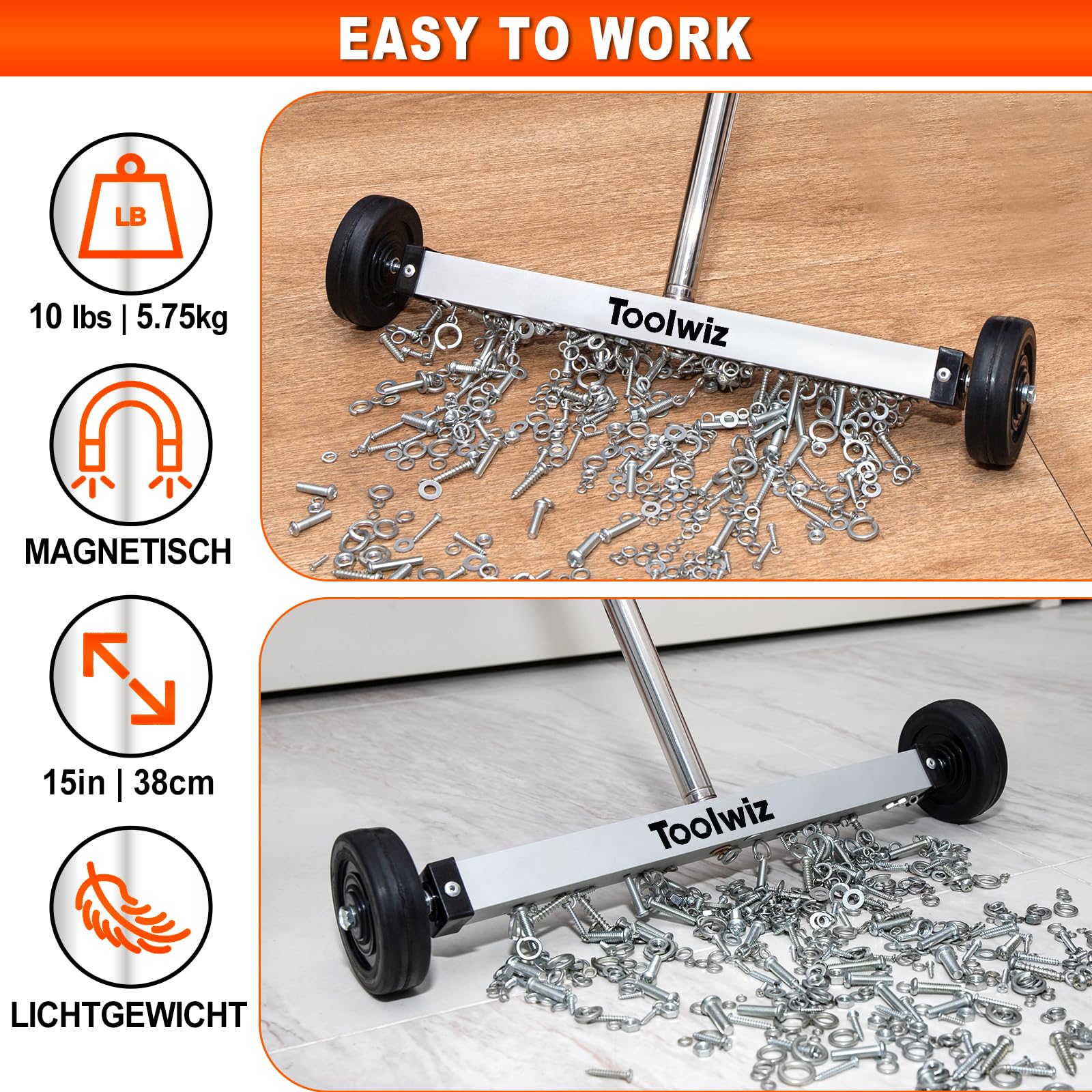 Toolwiz magnetic sweeper lightweight design enables versatile use.