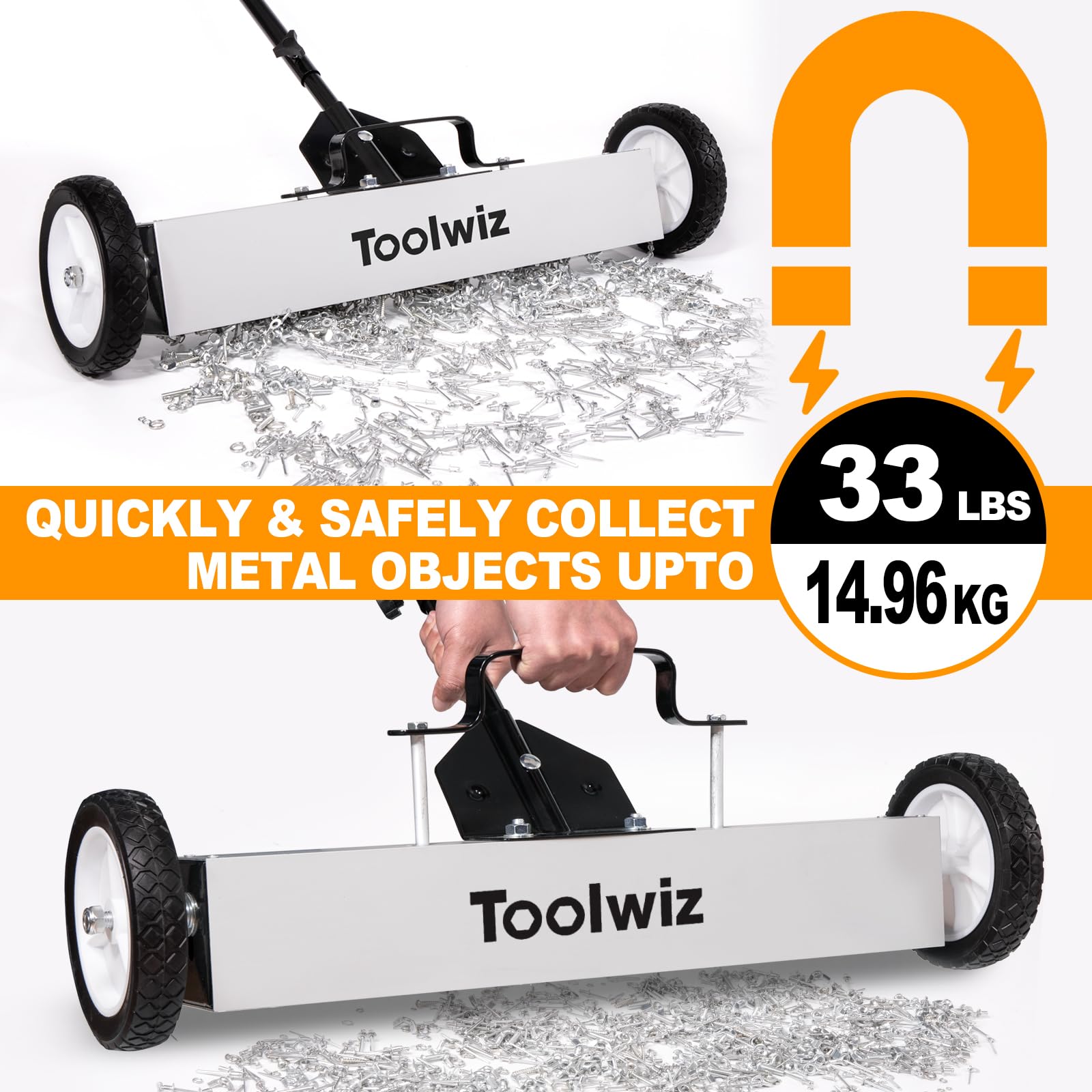 Toolwiz magnetic sweeper quick-release latch enables fast debris release and simple emptying.
