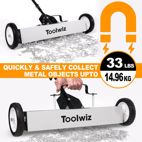 Toolwiz magnetic sweeper quick-release latch enables fast debris release and simple emptying.