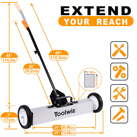 Toolwiz magnetic sweeper with telescoping handle for extended reach and easy maneuverability.
