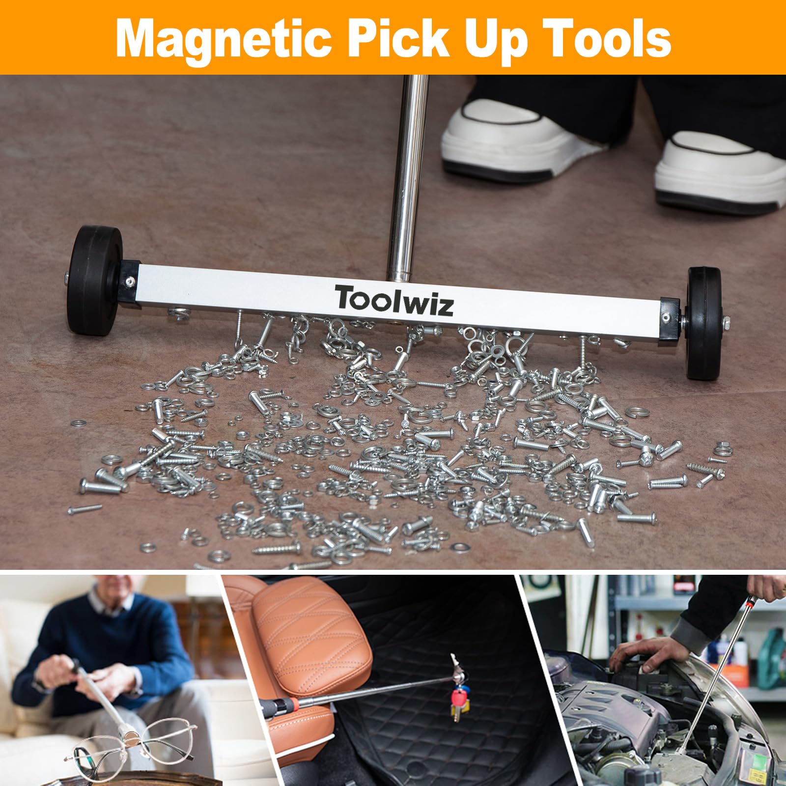 Toolwiz magnetic sweeper clears nails, screws, and bolts efficiently.
