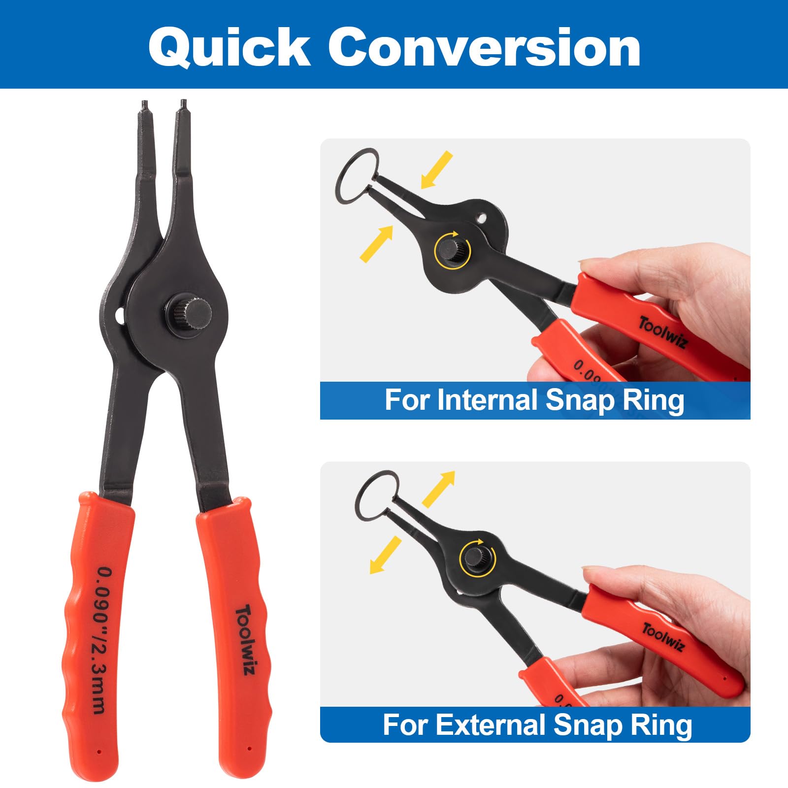 Toolwiz straight snap ring pliers, 8-inch with 0-07-inch tip for tight spaces.