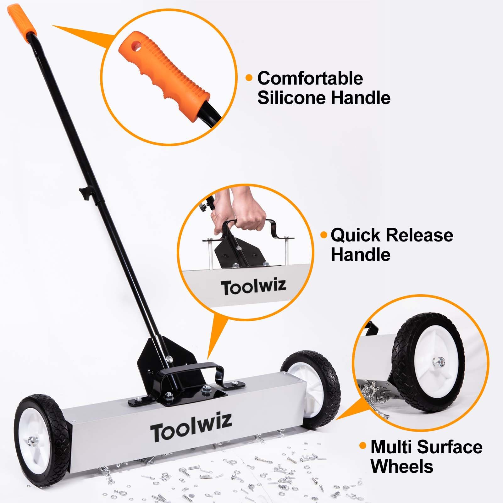 Toolwiz workshop cleanup with magnetic debris collection on concrete floors.
