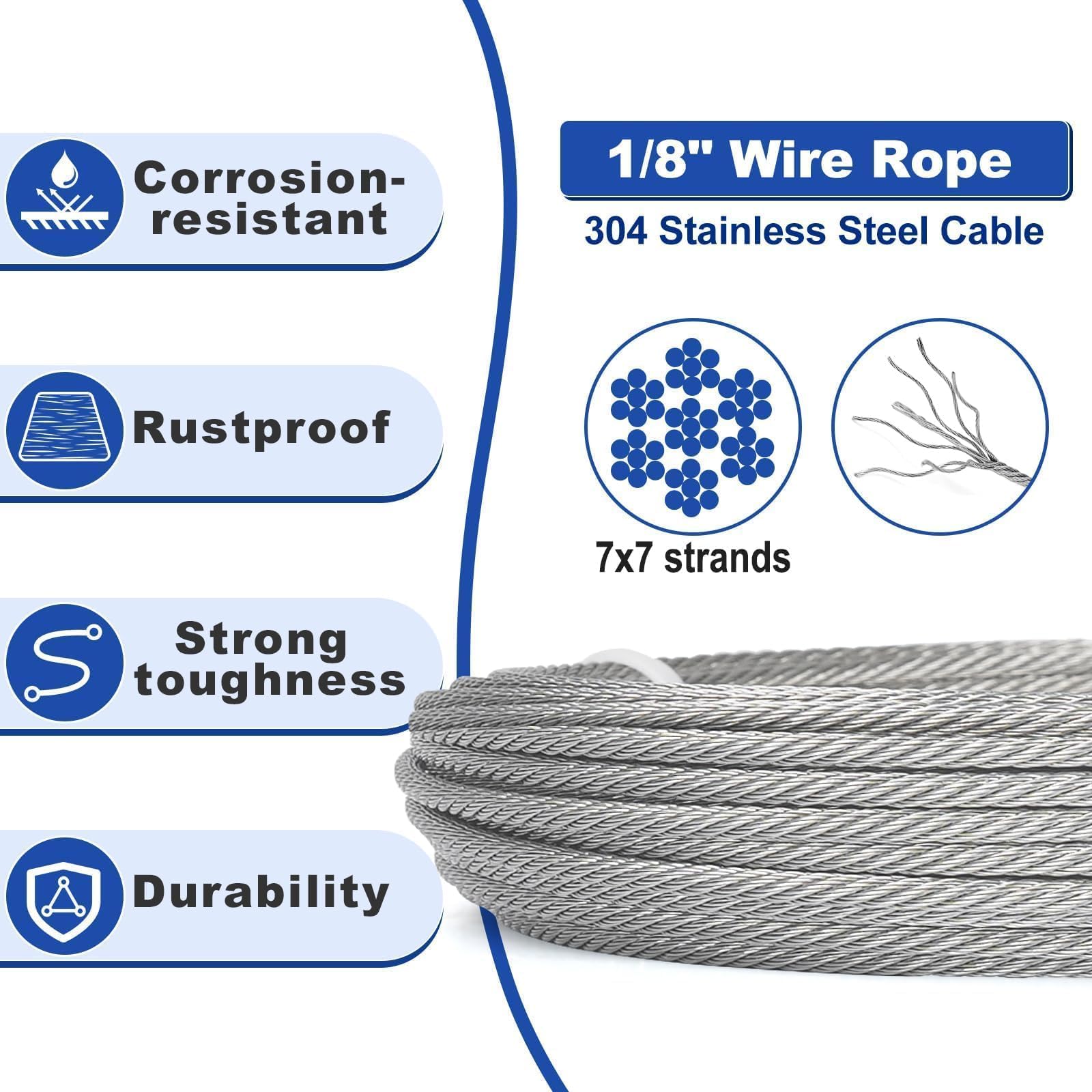 TooTaci 1/8 inch stainless steel cable close-up showing durable construction for outdoor use