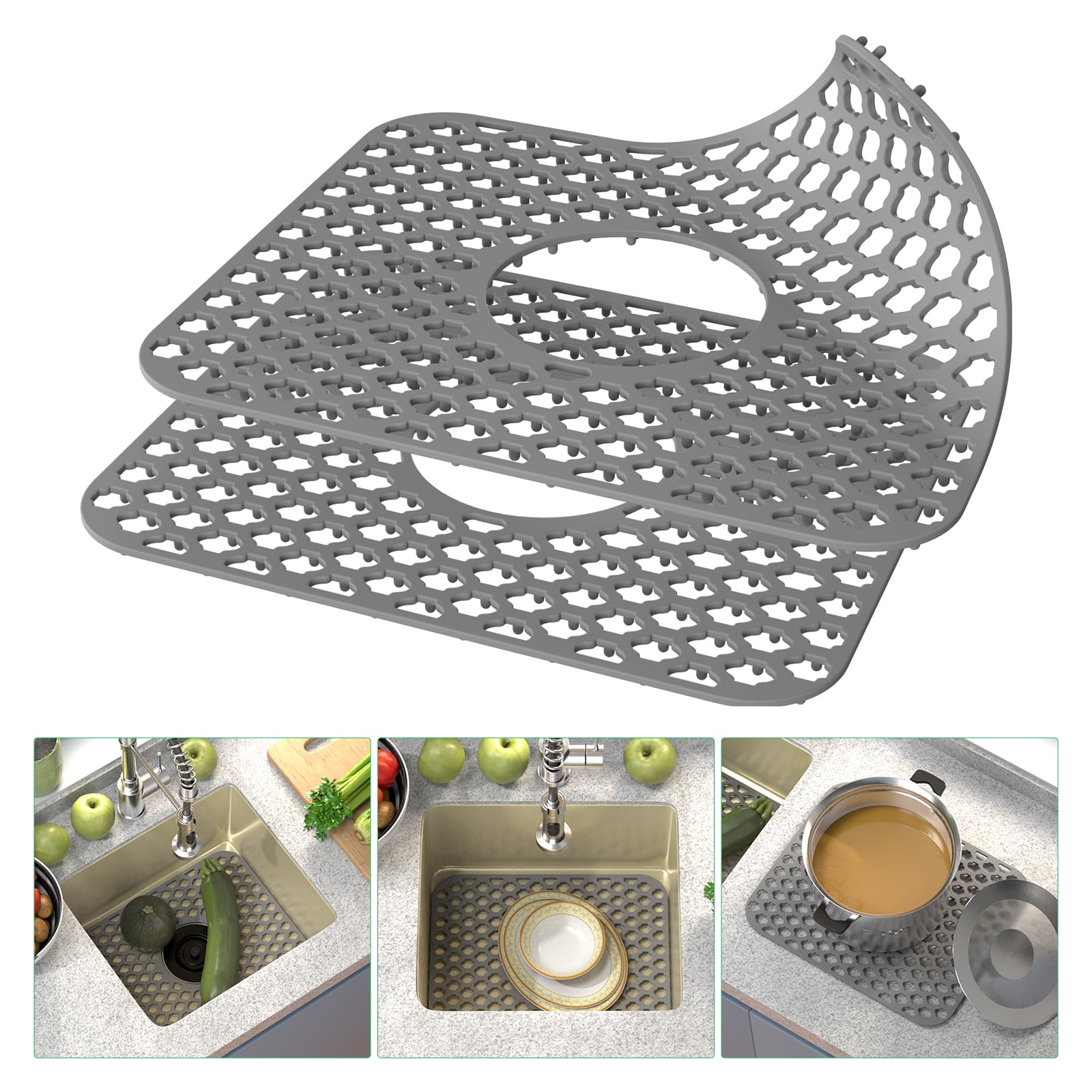 TOOVEM silicone sink mat with non-slip feet keeps items in place.