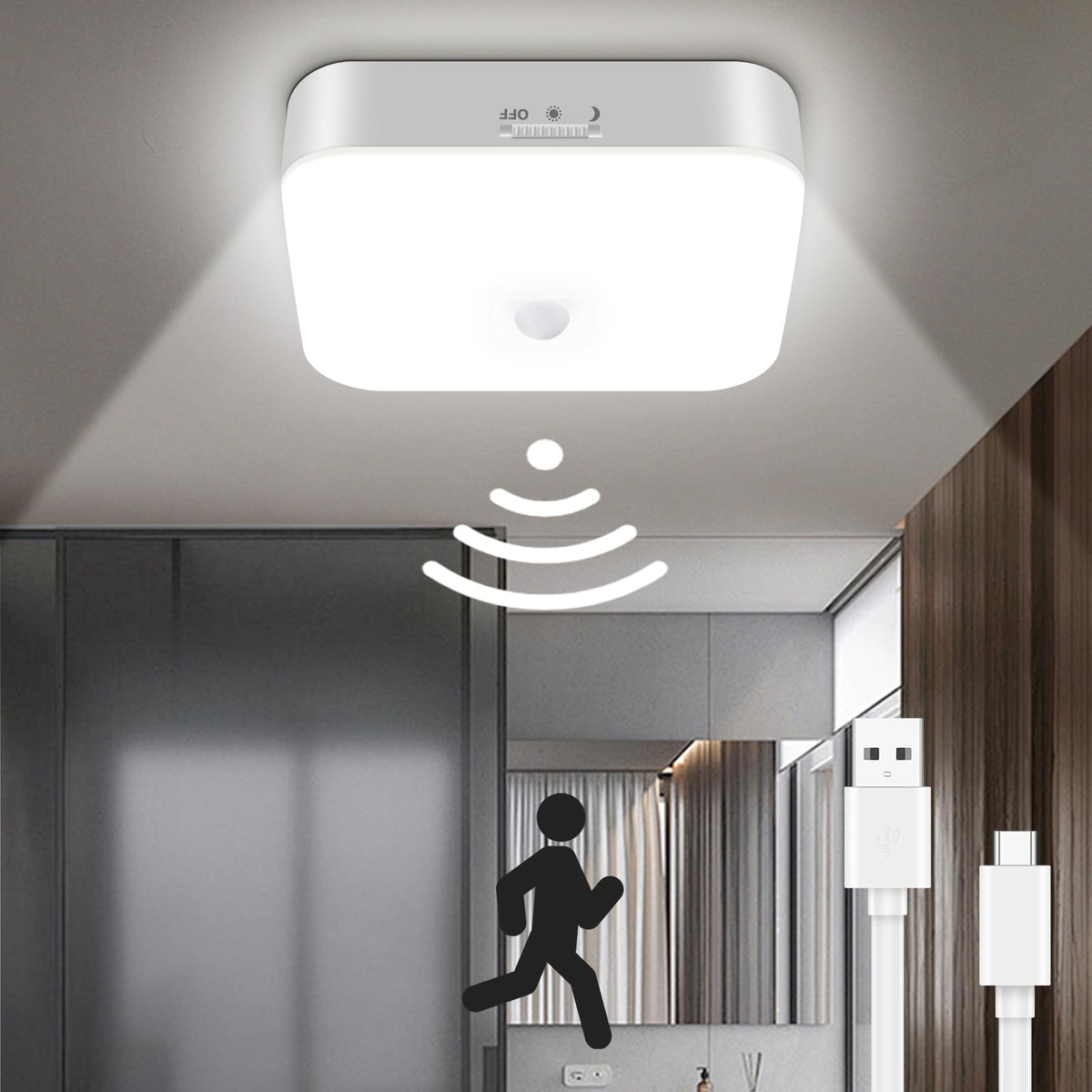 TOOWELL waterproof shower light overhead; hands-free illumination in wet spaces.
