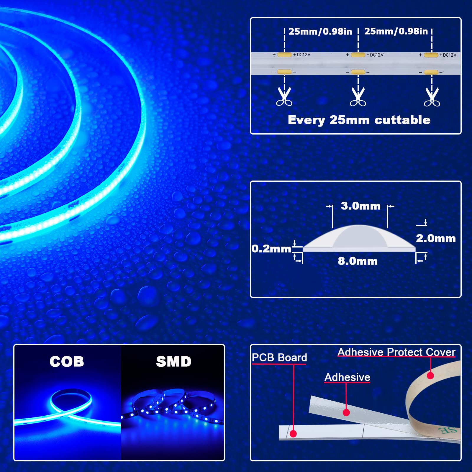 TOPAI blue COB LED strip with dense LEDs for uniform illumination