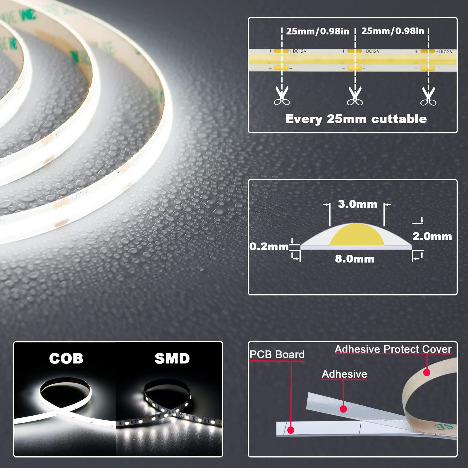 TopAI high-density COB strip with 480 LEDs per meter for bright, even light