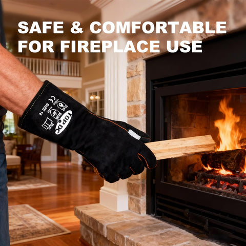 TOPDC Fire pit gloves with durable padding for sparks and hot logs.