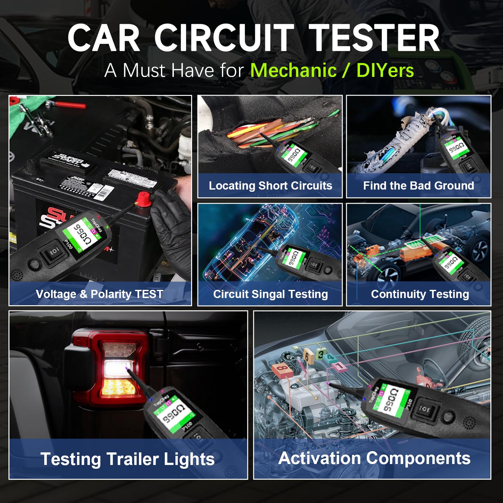 TopDiag P100 built-in flashlight supports nighttime electrical testing.