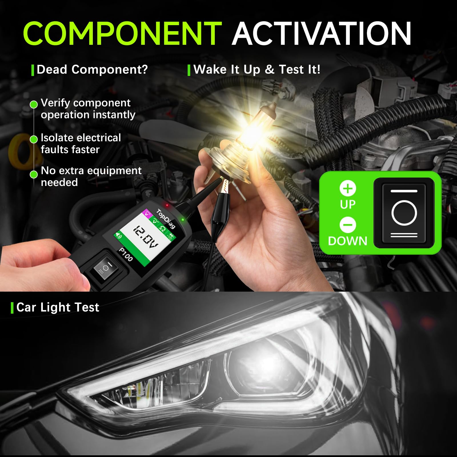 TopDiag P100 displays voltage and resistance across modes for diagnostics.