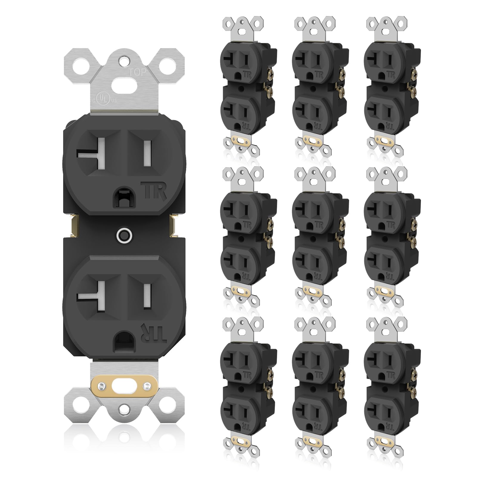 TOPELER black duplex outlet front view highlighting sturdy, code-ready design.
