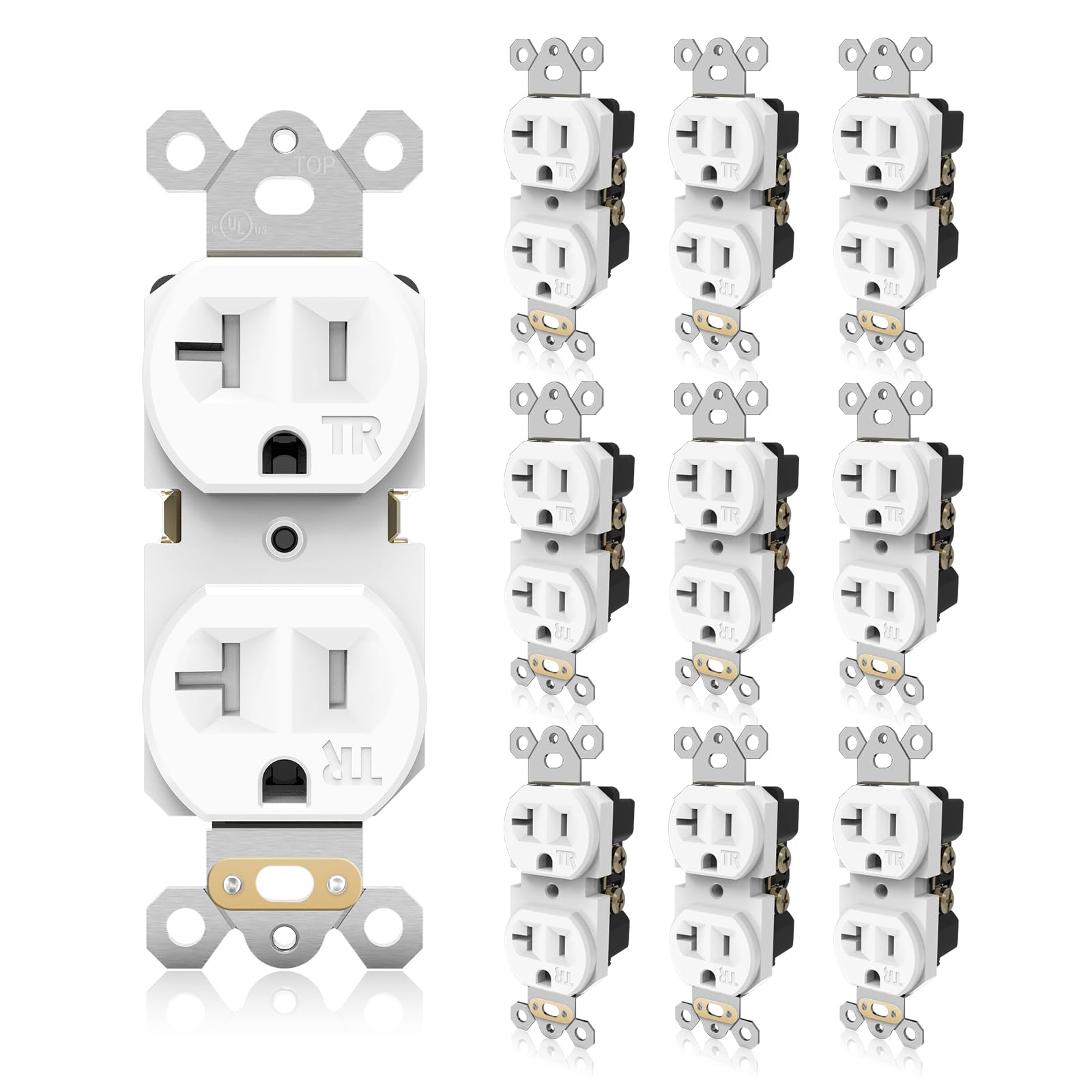 TOPELER duplex outlet front view showcasing durable polycarbonate build for long-lasting performance.