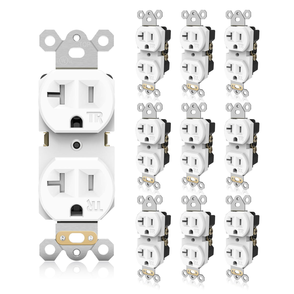 TOPELER duplex outlet front view showcasing durable polycarbonate build for long-lasting performance.