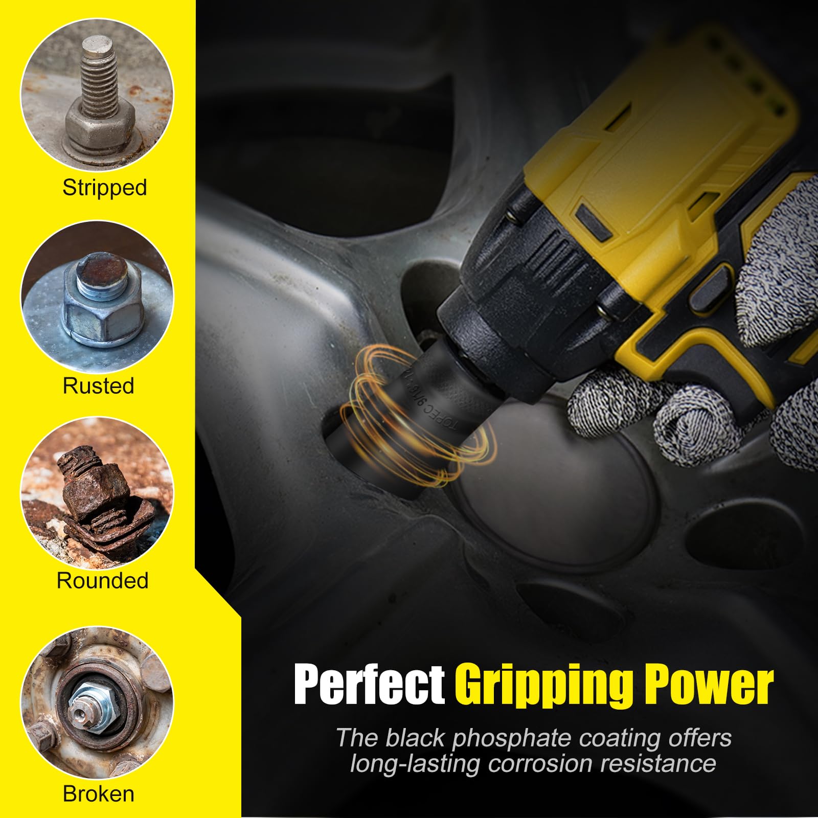 Topec 12-drive lug nut extractor shown with standard tools
