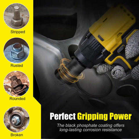 Topec 12-drive lug nut extractor shown with standard tools